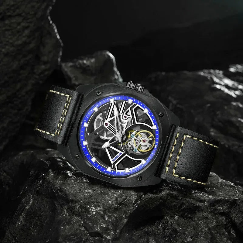 PINDU P6568 hollow transparent automatic tourbillon watch on wrist silver steel case black leather strap skeleton tourbillon indoor lifestyle
