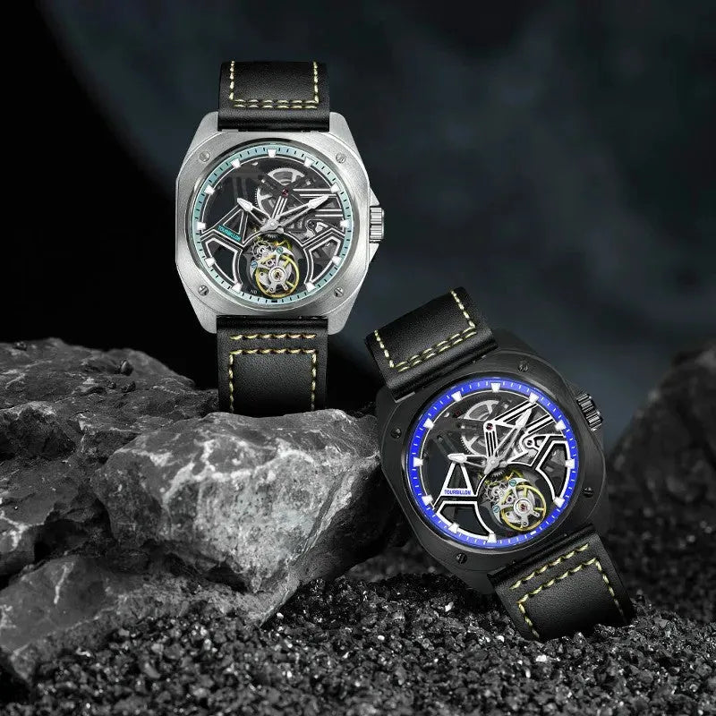 PINDU P6568 hollow transparent automatic tourbillon watch on tattooed arm silver stainless case black leather strap skeleton tourbillon