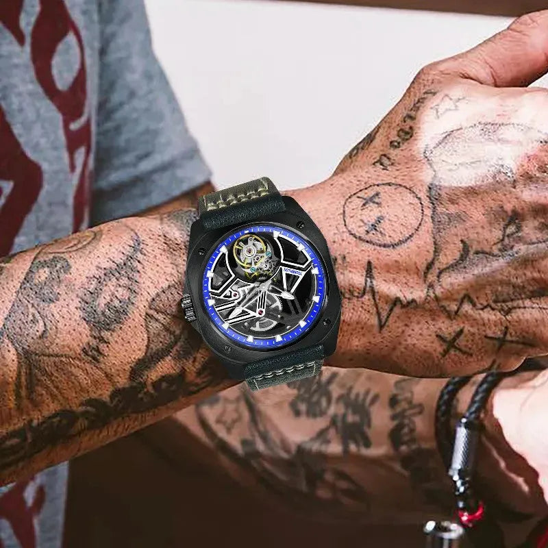 PINDU P6568 hollow transparent automatic tourbillon watch specifications 42mm tourbillon movement 3ATM waterproof leather strap