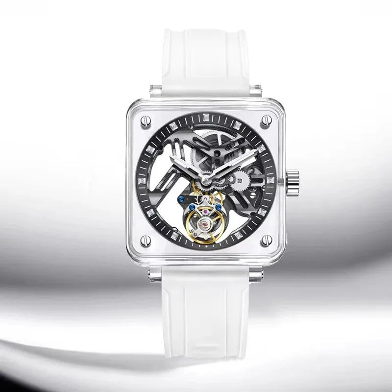 PINDU P6569 automatic tourbillon watch transparent crystal sapphire case white silicone strap black skeleton dial tourbillon white background