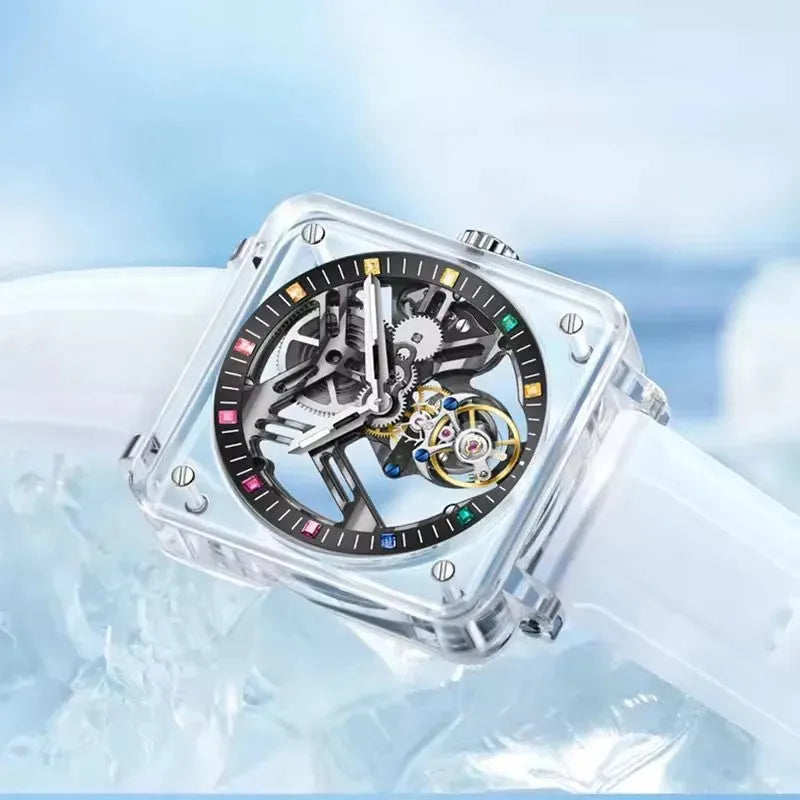 PINDU P6569 automatic tourbillon watch transparent sapphire case colorful rainbow hour markers yellow pink blue green purple ice lifestyle