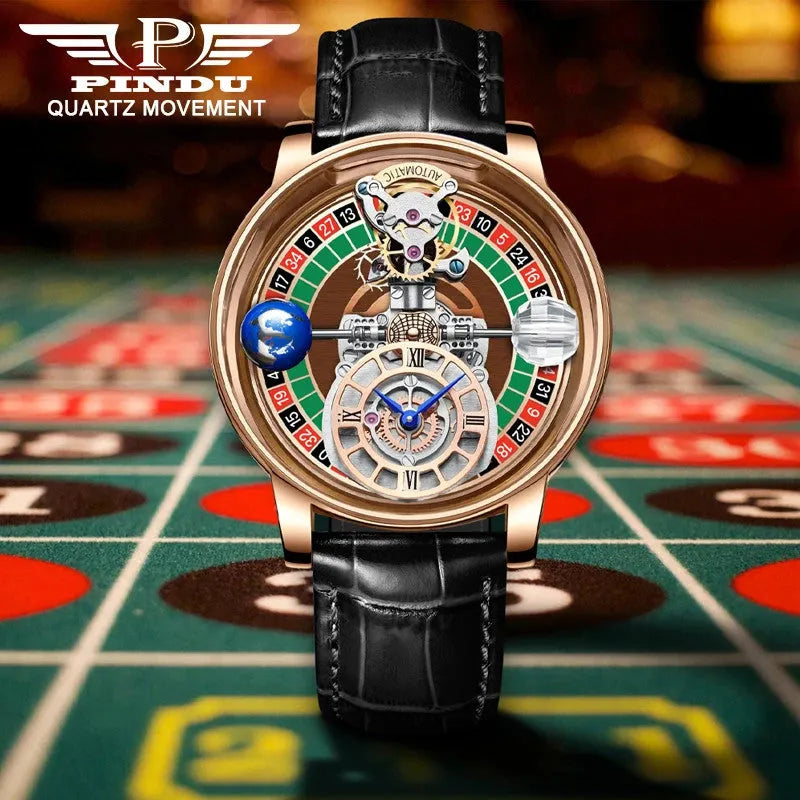 PINDU P6570 casino roulette quartz watch lifestyle casino green felt table rose gold case black leather strap