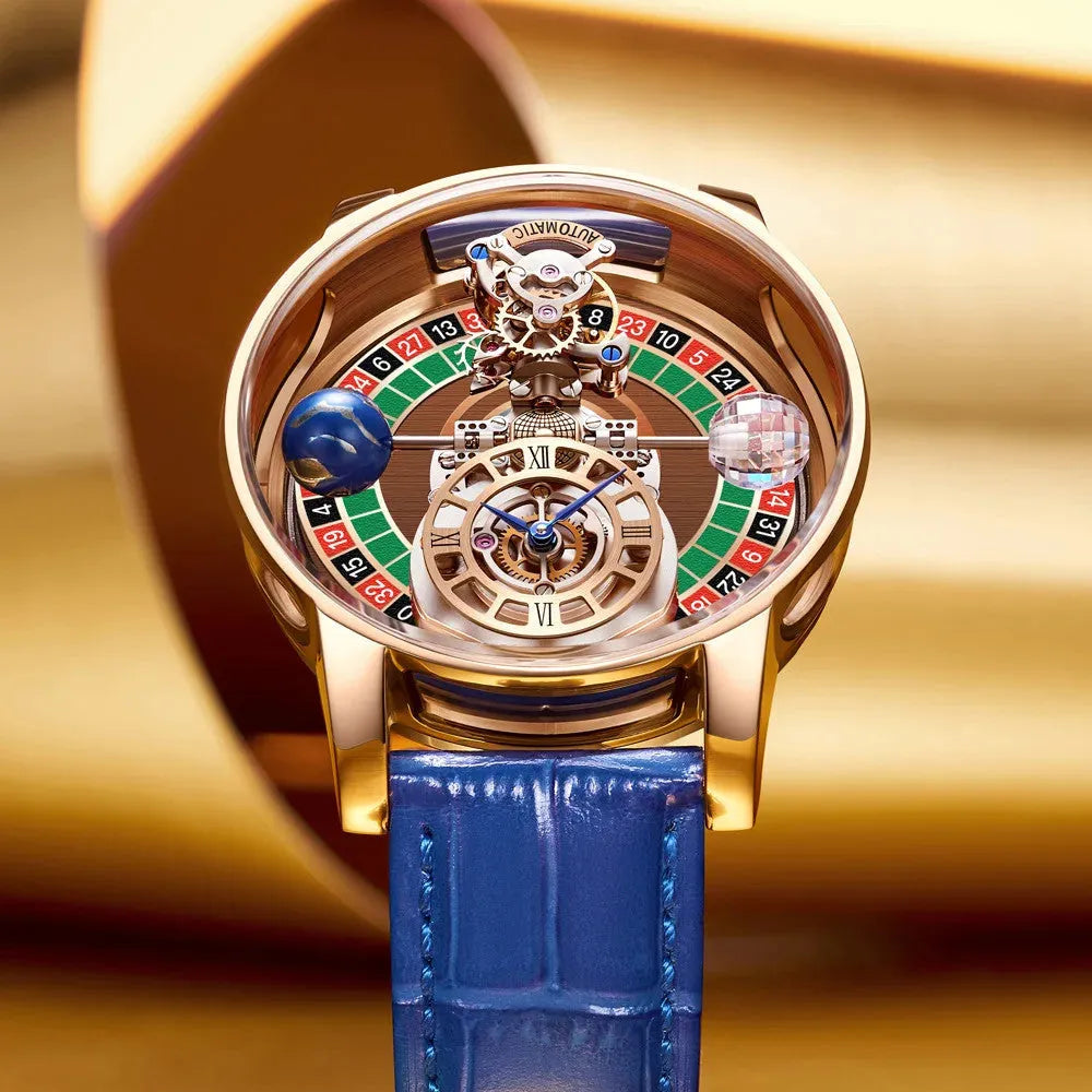 PINDU P6570 casino roulette quartz watch lifestyle golden background close-up rose gold case blue leather strap