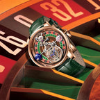 PINDU P6570 casino roulette quartz watch lifestyle on roulette wheel angled view rose gold case green leather strap
