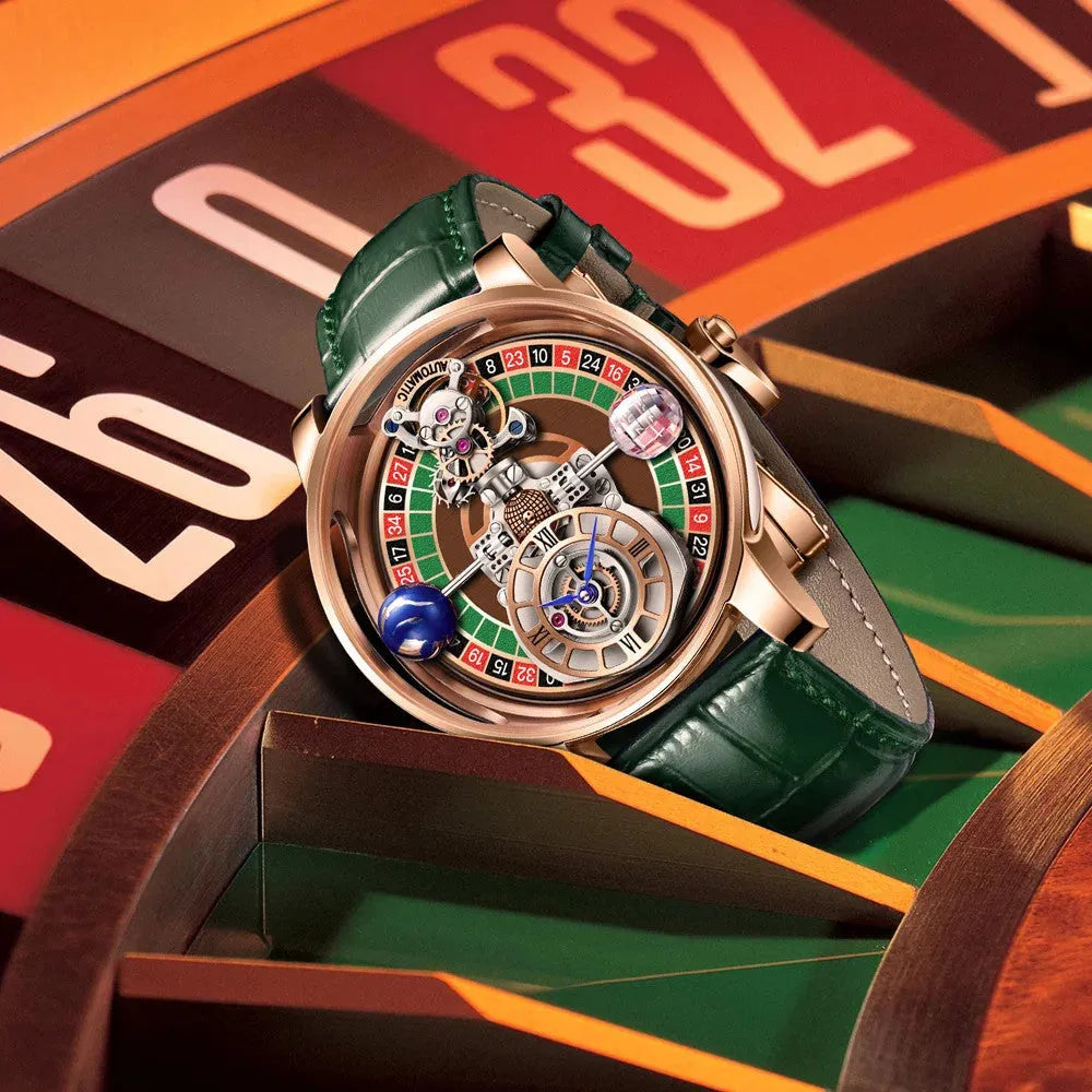PINDU P6570 casino roulette quartz watch lifestyle on roulette wheel angled view rose gold case green leather strap