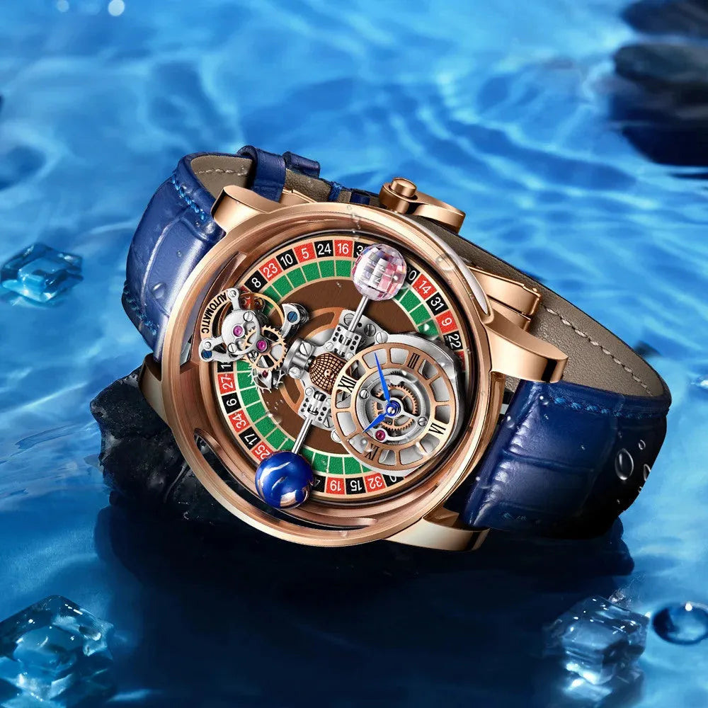 PINDU P6570 casino roulette quartz watch lifestyle water ocean background rose gold case blue leather strap