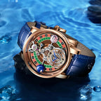 PINDU P6570 casino roulette quartz watch lifestyle water ocean background rose gold case blue leather strap