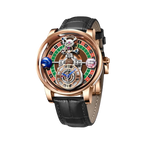 PINDU P6570 casino roulette quartz watch rose gold case black leather strap roulette wheel dial dice front view
