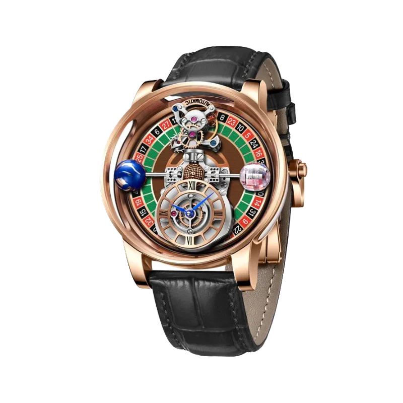 PINDU P6570 casino roulette quartz watch rose gold case black leather strap roulette wheel dial dice front view