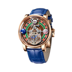 PINDU P6570 casino roulette quartz watch rose gold case blue leather strap roulette wheel dial dice skeleton front view