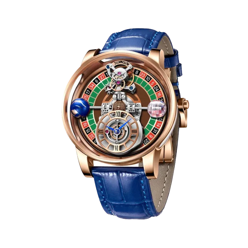 PINDU P6570 casino roulette quartz watch rose gold case blue leather strap roulette wheel dial dice skeleton front view