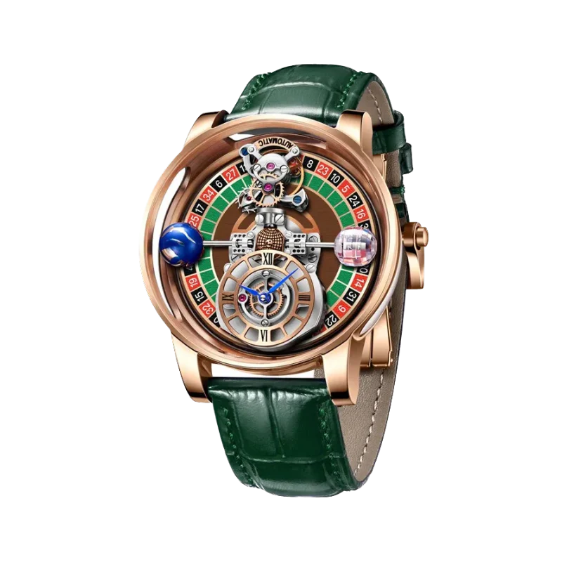 PINDU P6570 casino roulette quartz watch rose gold case green leather strap roulette wheel dial skeleton front view