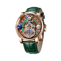 PINDU P6570 casino roulette quartz watch rose gold case green leather strap roulette wheel dial skeleton front view