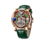 PINDU P6570 casino roulette quartz watch rose gold case green leather strap roulette wheel dial skeleton front view