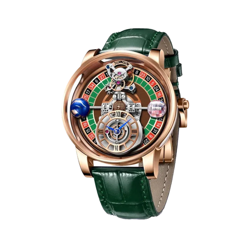 PINDU P6570 casino roulette quartz watch rose gold case green leather strap roulette wheel dial skeleton front view