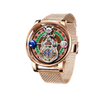 PINDU P6570 casino roulette quartz watch rose gold case rose gold mesh bracelet roulette wheel dial dice front view