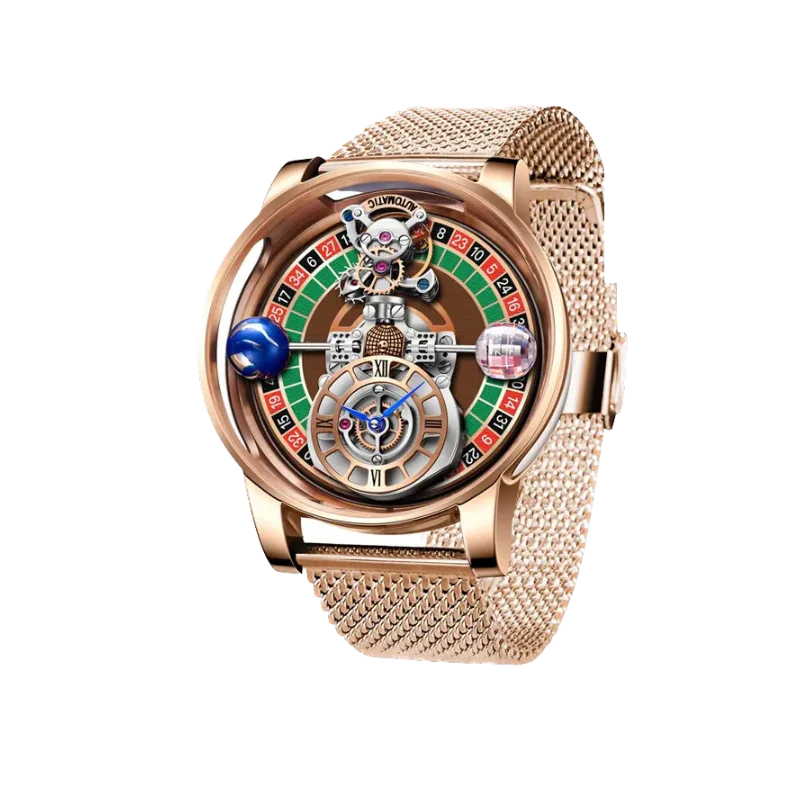 PINDU P6570 casino roulette quartz watch rose gold case rose gold mesh bracelet roulette wheel dial dice front view