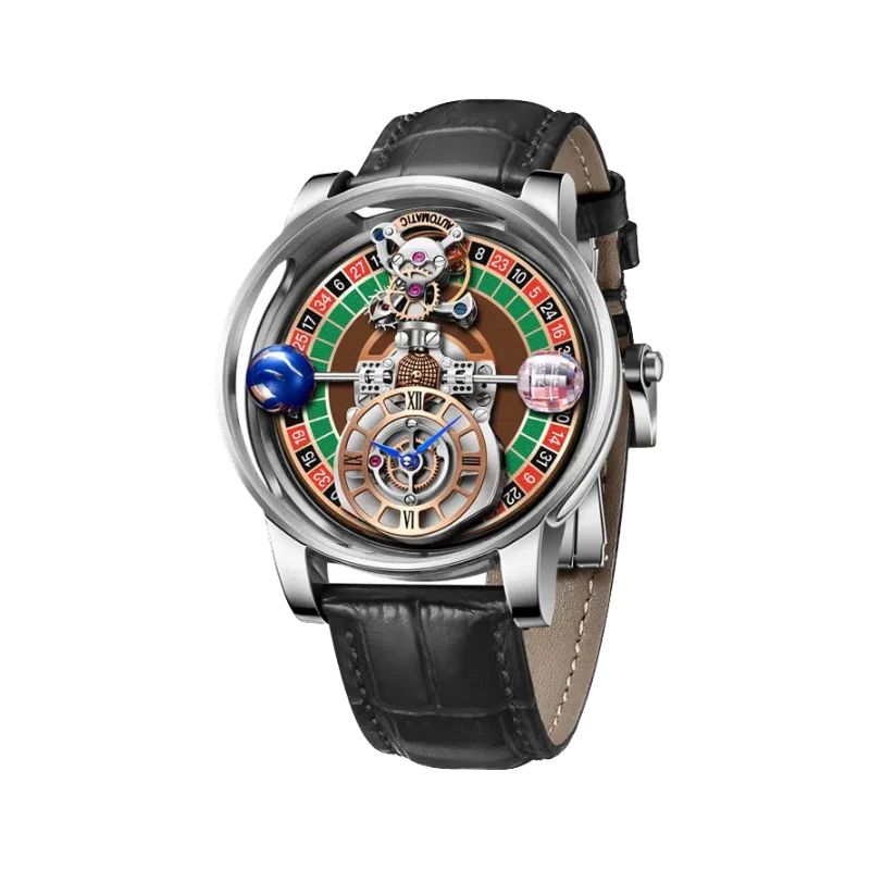 PINDU P6570 casino roulette quartz watch silver case black leather strap roulette wheel dial dice crystal sphere front view