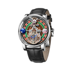 PINDU P6570 casino roulette quartz watch silver case black leather strap roulette wheel dial dice crystal sphere front view