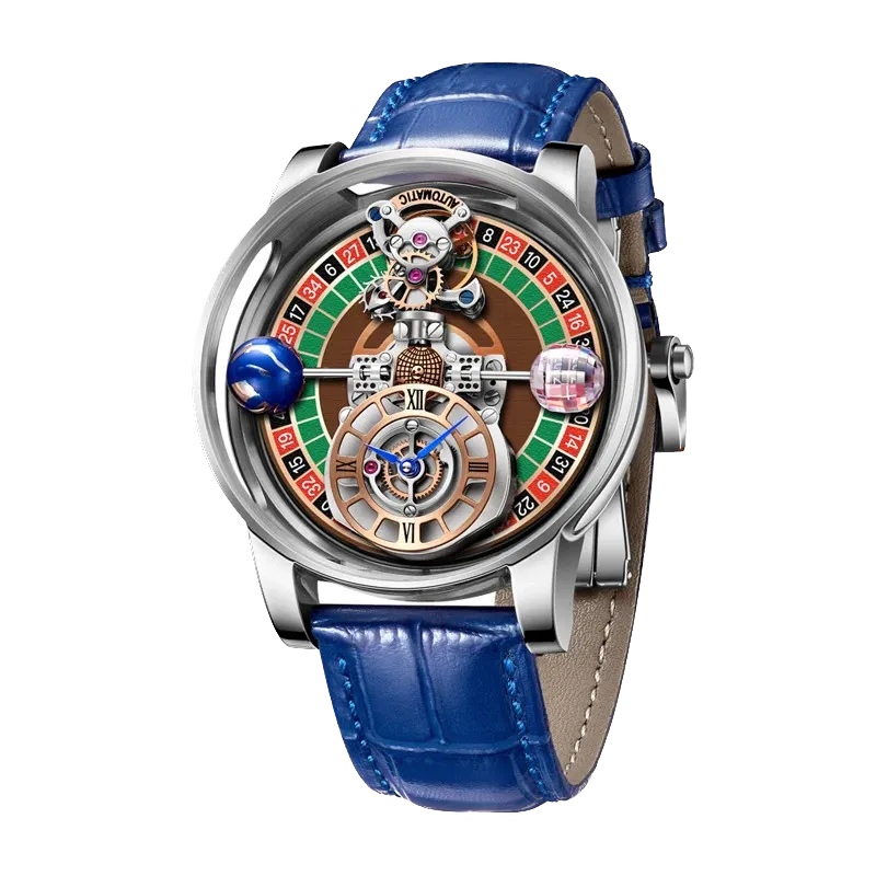 PINDU P6570 casino roulette quartz watch silver case blue leather strap roulette wheel dial skeleton front view