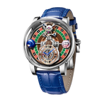PINDU P6570 casino roulette quartz watch silver case blue leather strap roulette wheel dial skeleton front view