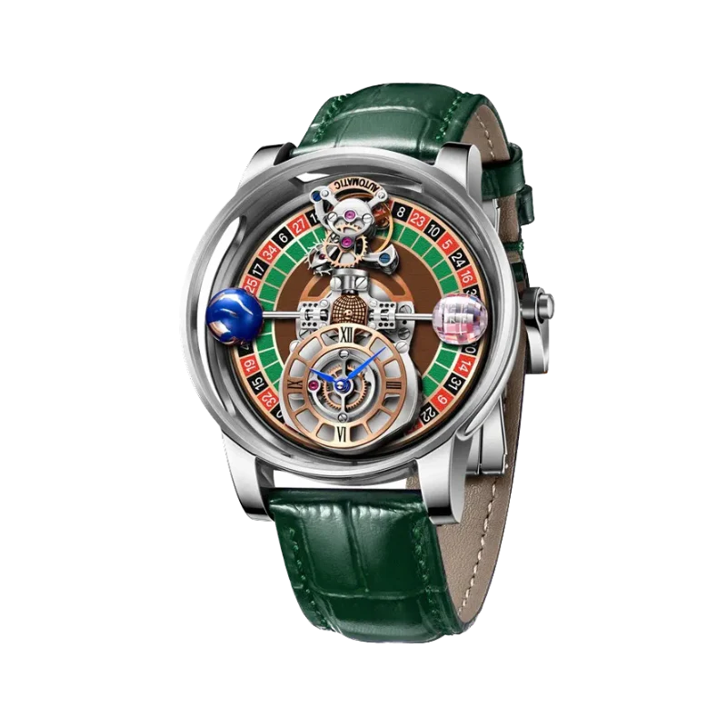 PINDU P6570 casino roulette quartz watch silver case green leather strap roulette wheel skeleton tourbillon dial front view