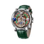 PINDU P6570 casino roulette quartz watch silver case green leather strap roulette wheel skeleton tourbillon dial front view