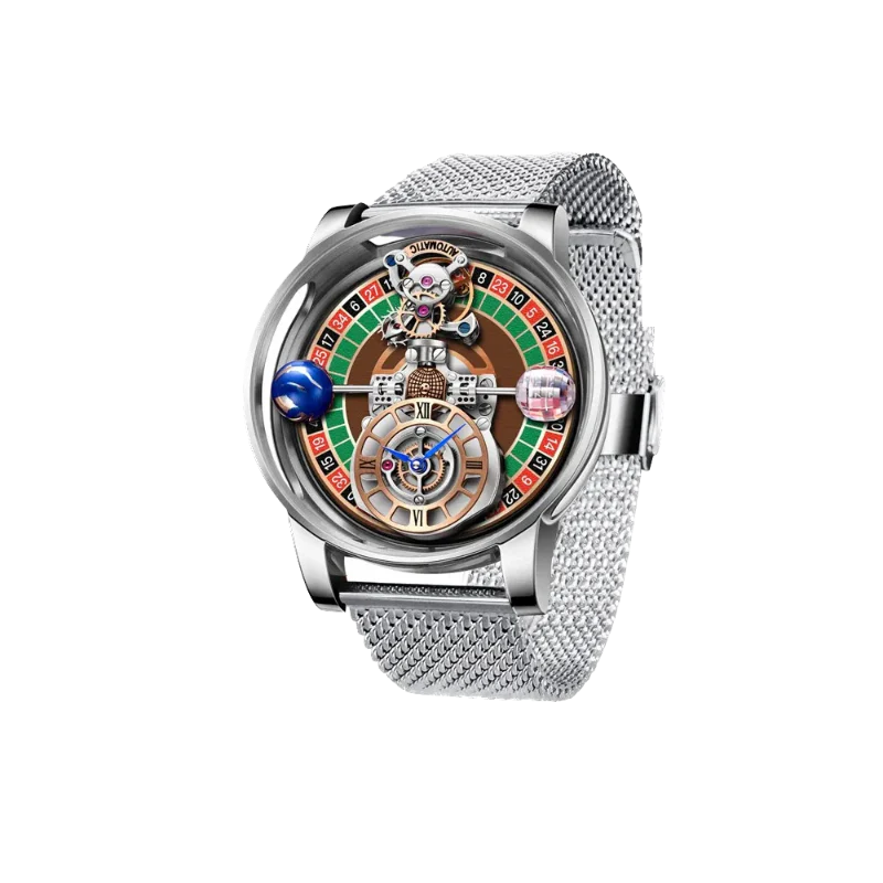 PINDU P6570 casino roulette quartz watch silver case silver mesh bracelet roulette wheel skeleton tourbillon dial front view