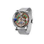 PINDU P6570 casino roulette quartz watch silver case silver mesh bracelet roulette wheel skeleton tourbillon dial front view