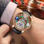 PINDU P6570 casino roulette quartz watch on wrist casino setting rose gold case black leather strap
