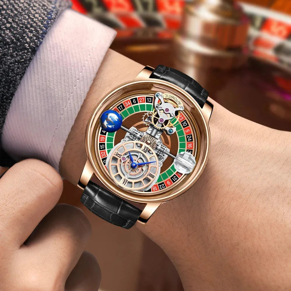 PINDU P6570 casino roulette quartz watch on wrist casino setting rose gold case black leather strap