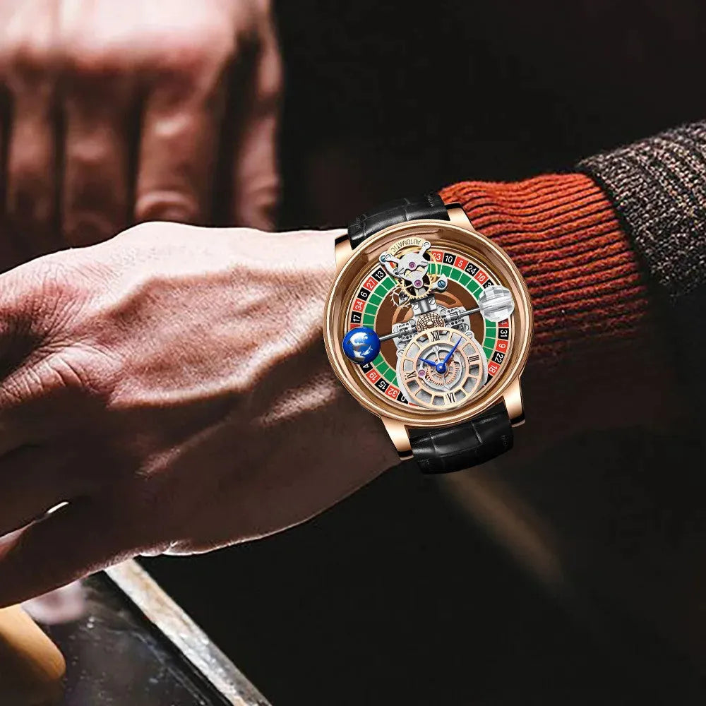 PINDU P6570 casino roulette quartz watch on wrist dark moody background rose gold case black leather strap
