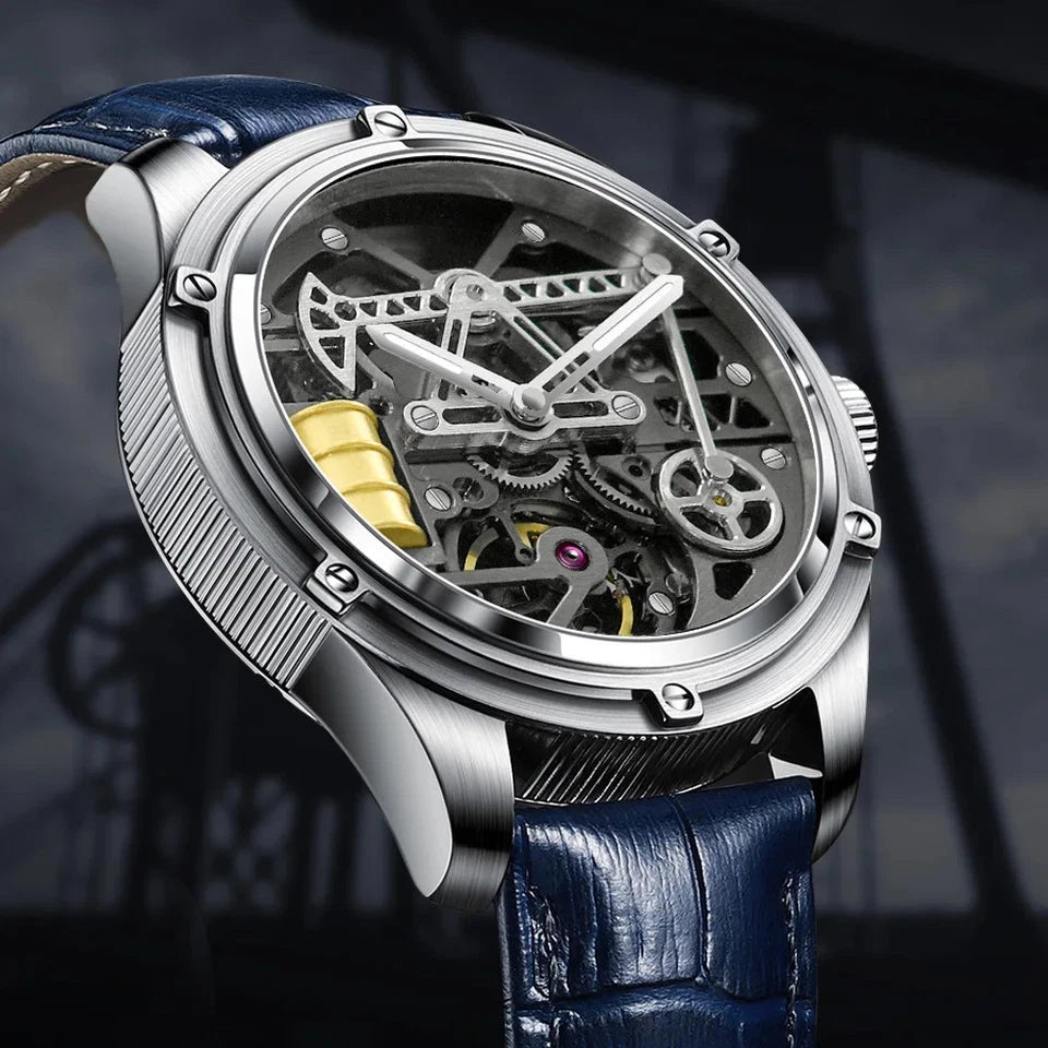 PINDU P6572 Oil Well Mens Automatic gold case blue dial front view
