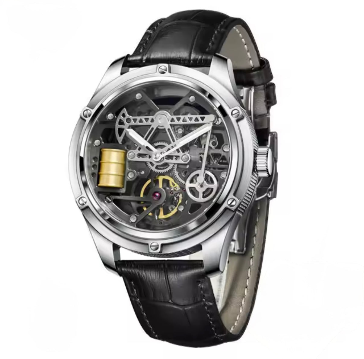 PINDU P6572 Oil Well Mens Automatic gold case brown leather strap angle view