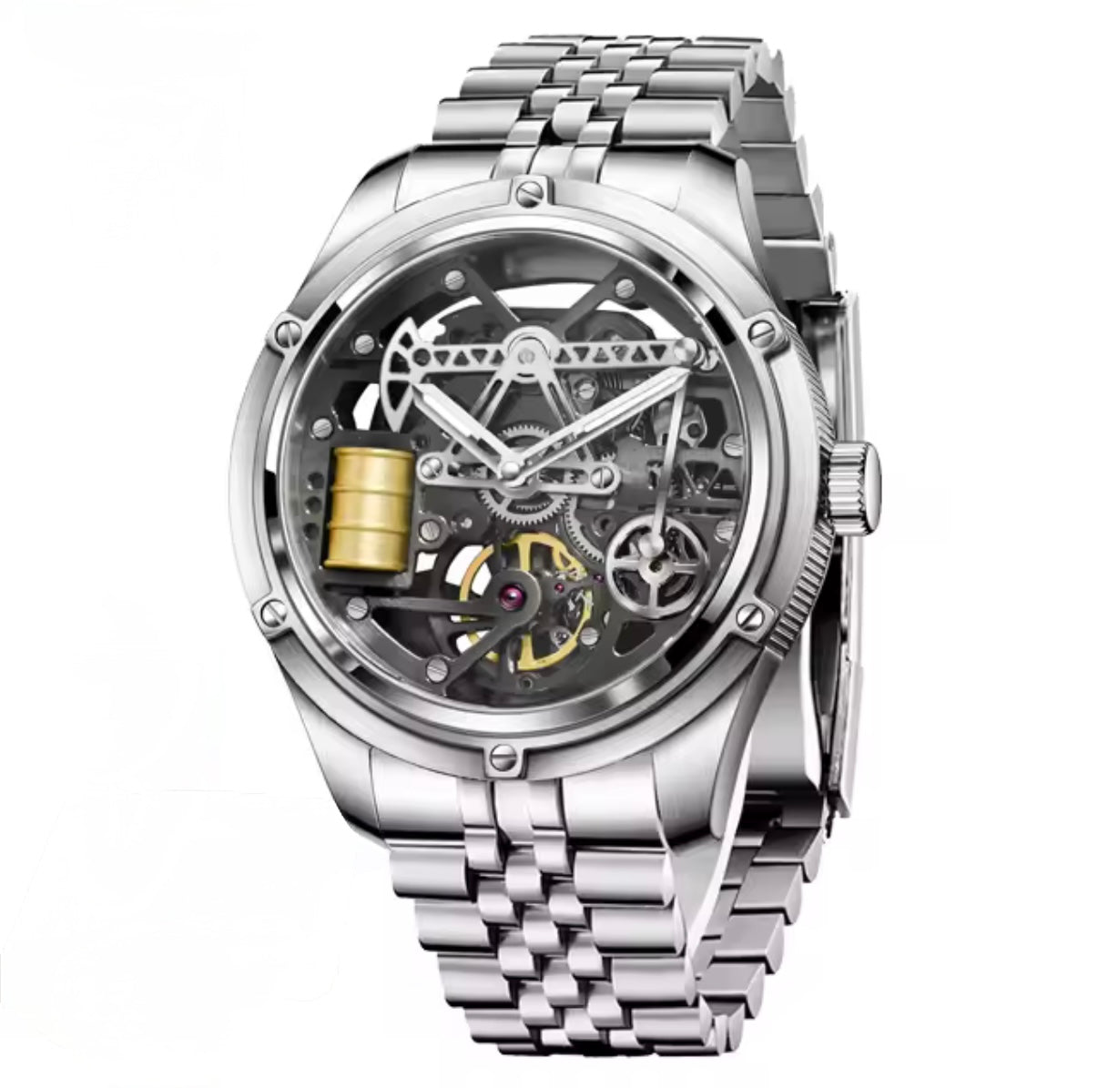 PINDU P6572 Oil Well Mens Automatic gold case brown leather strap dial closeup