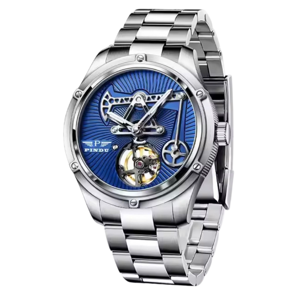 PINDU P6572 Oil Well Mens Automatic silver case black dial front view