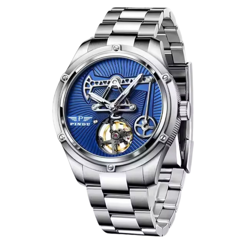PINDU P6572 Oil Well Mens Automatic silver case black dial front view