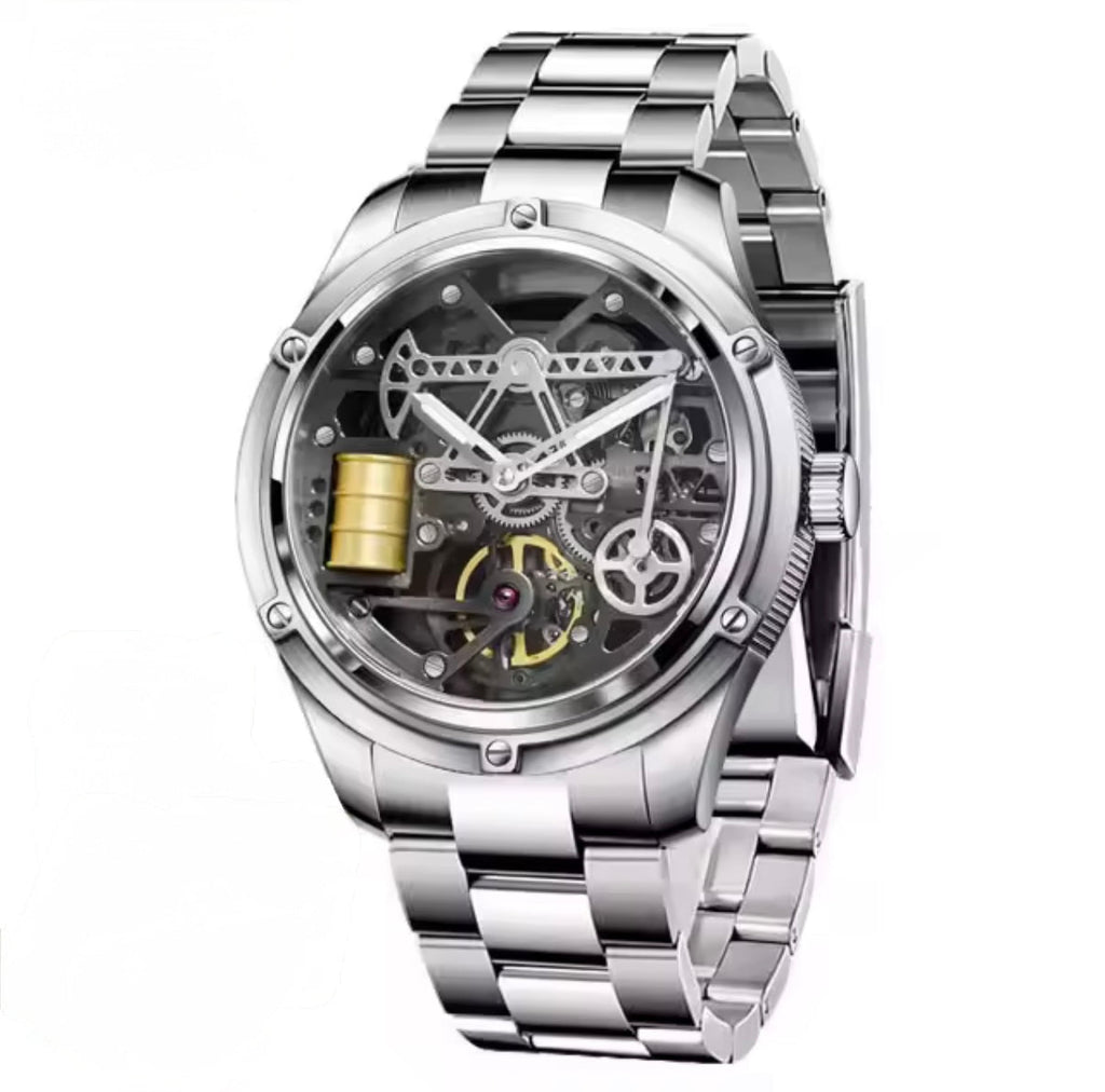 PINDU P6572 Oil Well Mens Automatic silver case black leather strap angle view