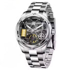 PINDU P6572 Oil Well Mens Automatic silver case black leather strap angle view