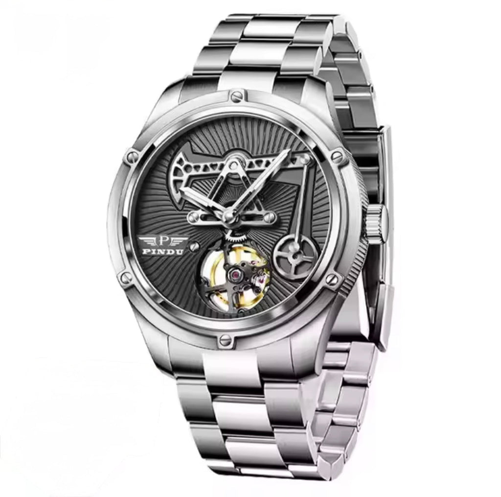 PINDU P6572 Oil Well Mens Automatic silver case black leather strap dial closeup
