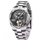 PINDU P6572 Oil Well Mens Automatic silver case black leather strap dial closeup