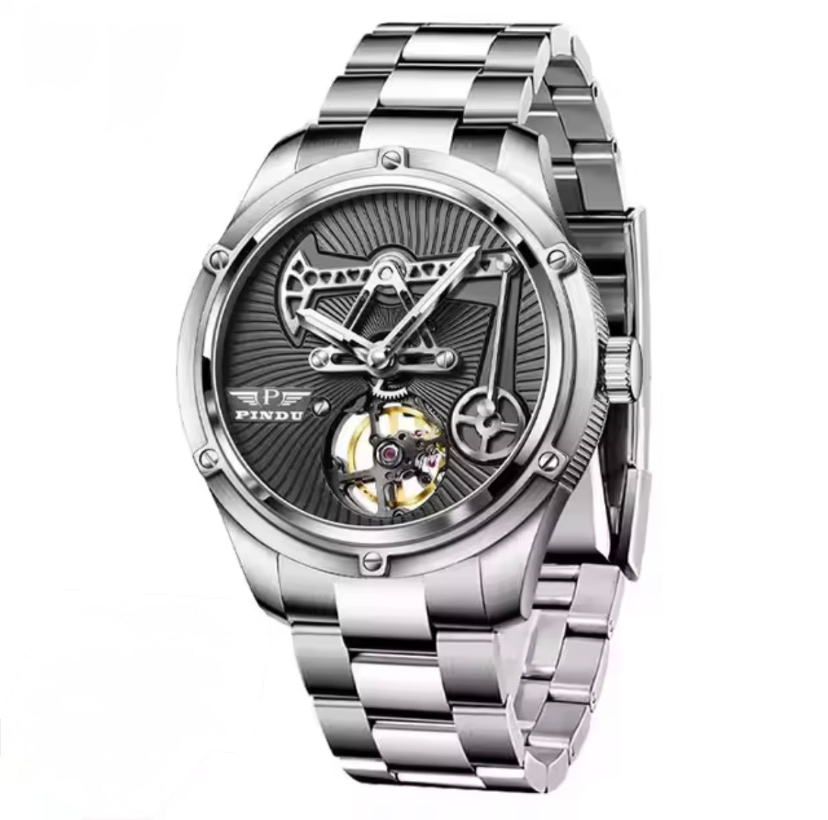 PINDU P6572 Oil Well Mens Automatic silver case black leather strap dial closeup