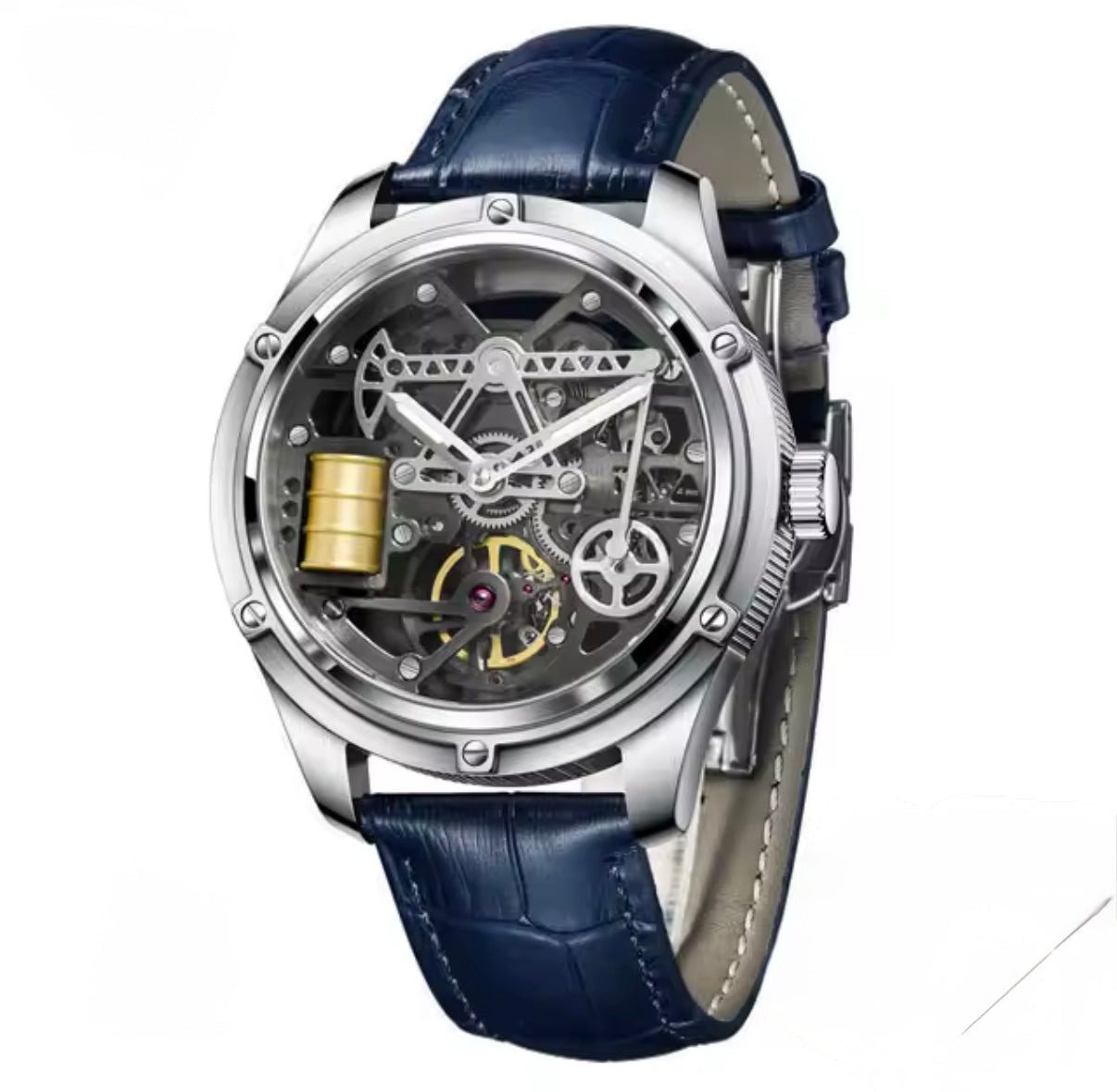 PINDU P6572 Oil Well Mens Automatic silver case black leather strap front view
