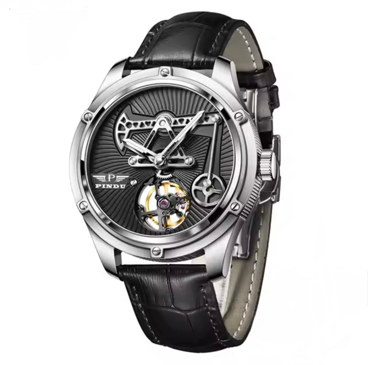 PINDU P6572 Oil Well Mens Automatic silver case black leather strap side view
