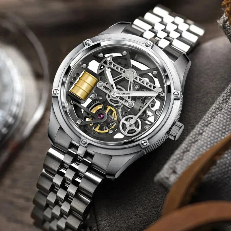 PINDU P6572 Oil Well Mens Automatic silver case blue dial angle view