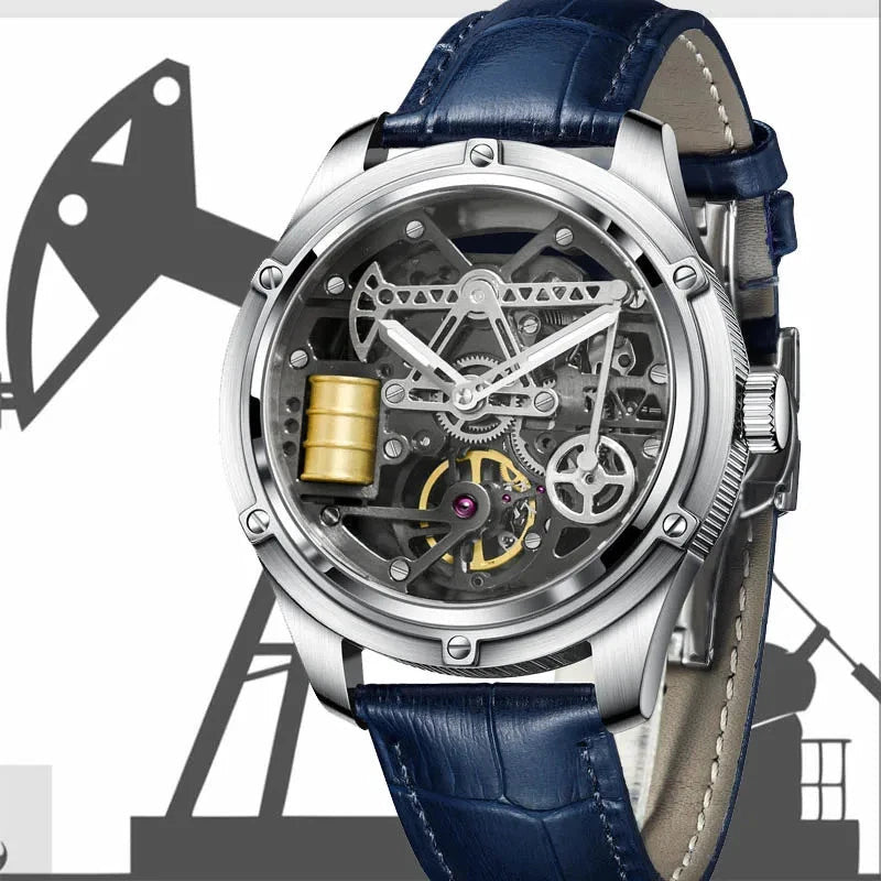 PINDU P6572 Oil Well Mens Automatic silver case blue dial front view