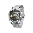 PINDU P6572 Oil Well Mens Automatic silver case skeleton dial front view