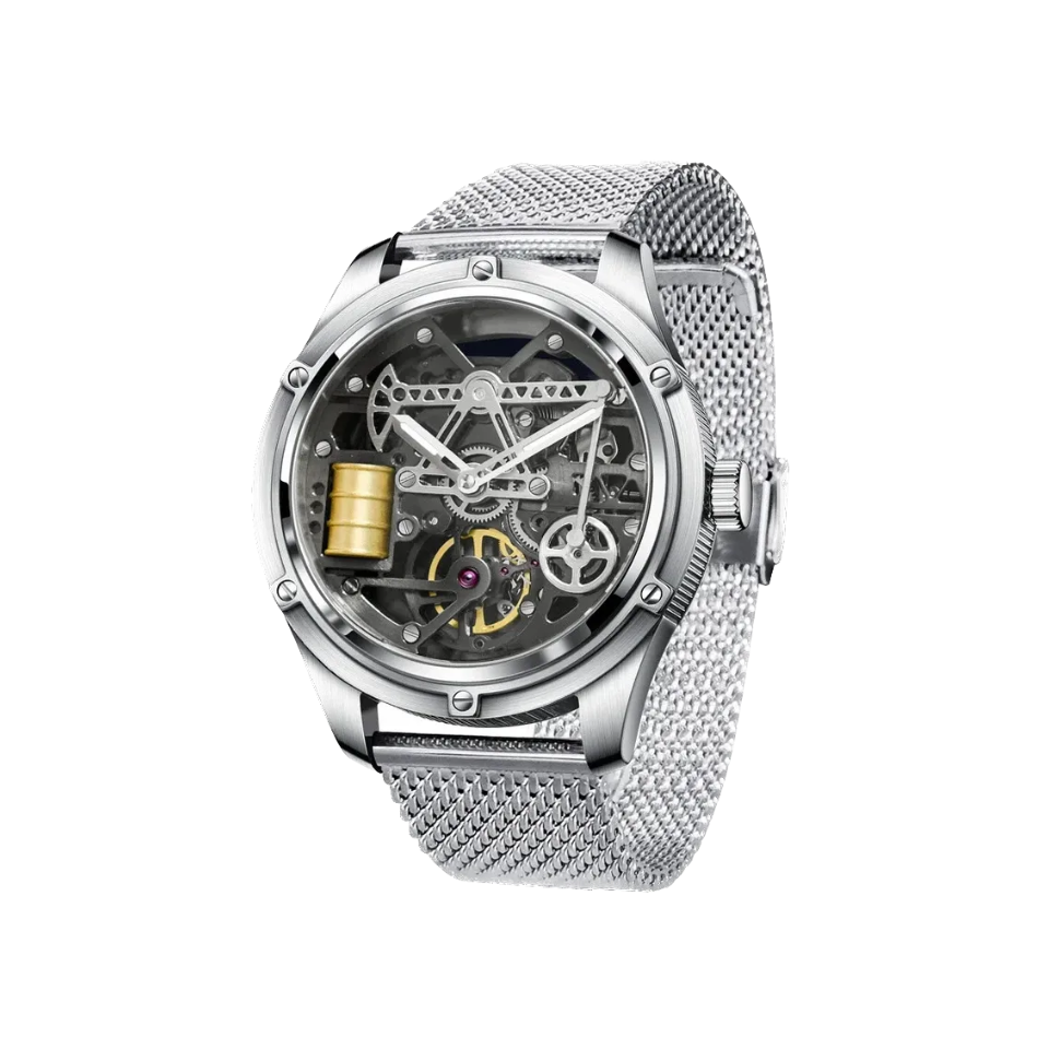 PINDU P6572 Oil Well Mens Automatic silver case skeleton dial front view