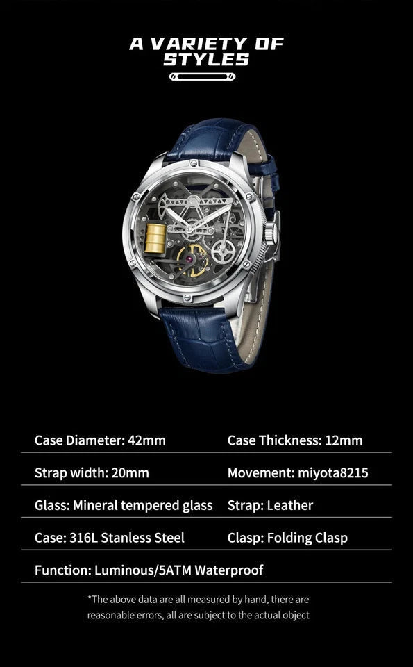 PINDU P6572 Oil Well automatic watch specifications 42mm Miyota 8215 mineral glass 5ATM luminous folding clasp