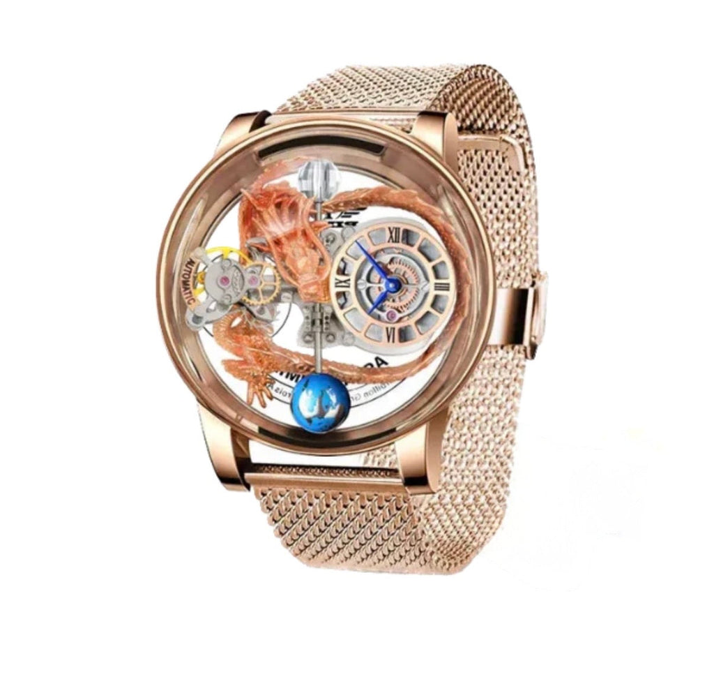 PINDU P6573 dragon celestial transparent skeleton case gold dragon figurine blue globe rose gold mesh bracelet automatic watch